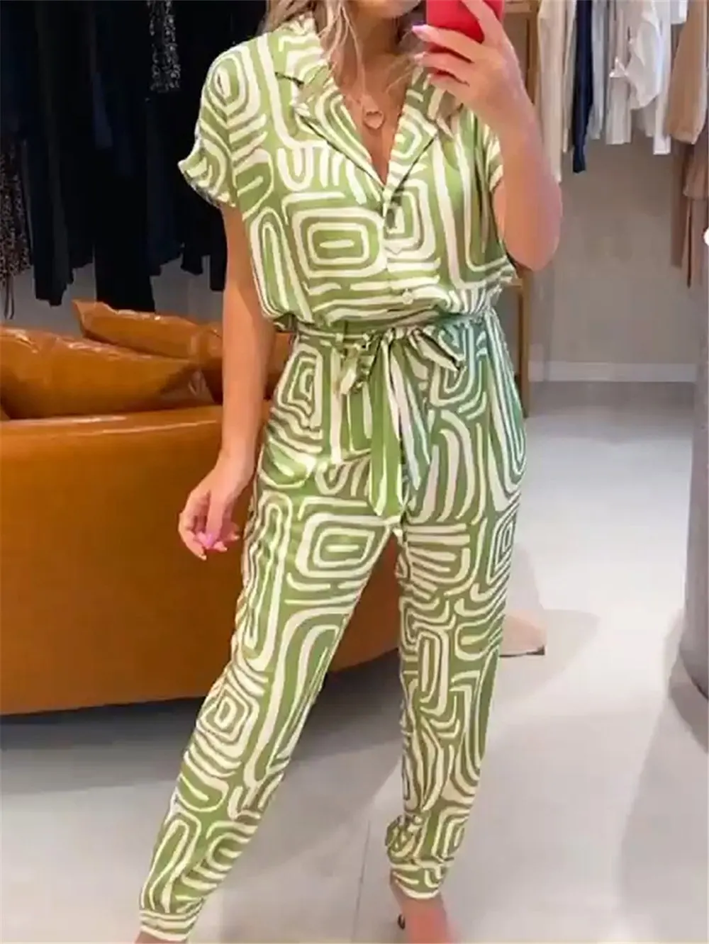 

2022 Summer New Suit Collar Printing Short-sleeved Shirt + High Waist Pencil Pants Trousers Two Piece Set For Women