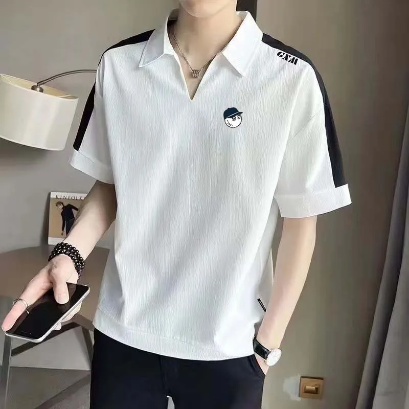 2023 Men Malbon Golf Wear Clothing Polo Men's Summer V-neck Silk Shirt Breathable Short Sleeve Casual Business Sports Top
