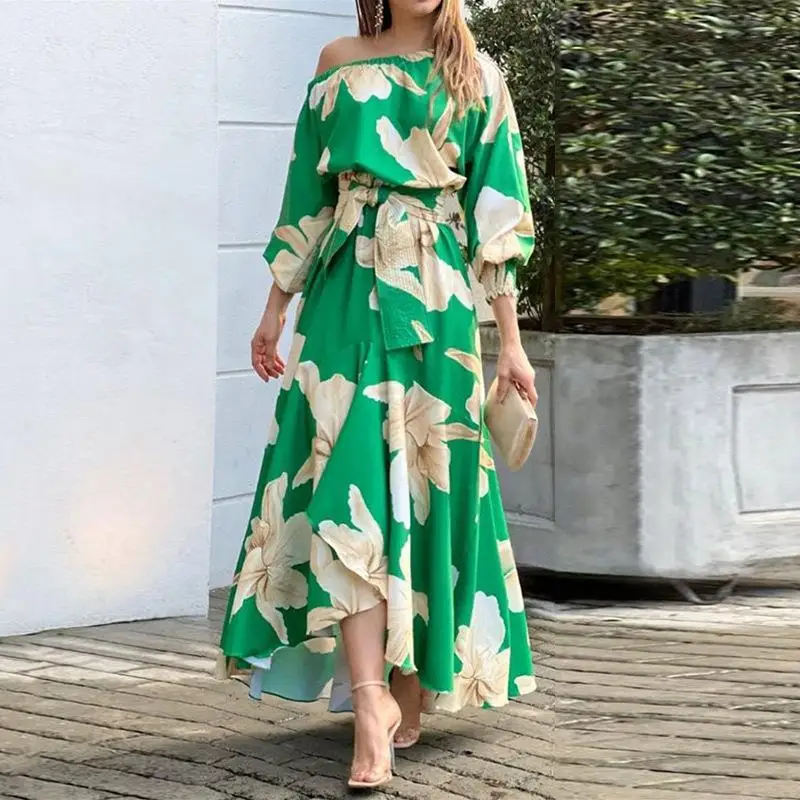 

2022 Women's Dress New Elegant Inclined Shoulder Long Dress Printed Lantern Sleeve High Waist Dress Vestidos De Mujer