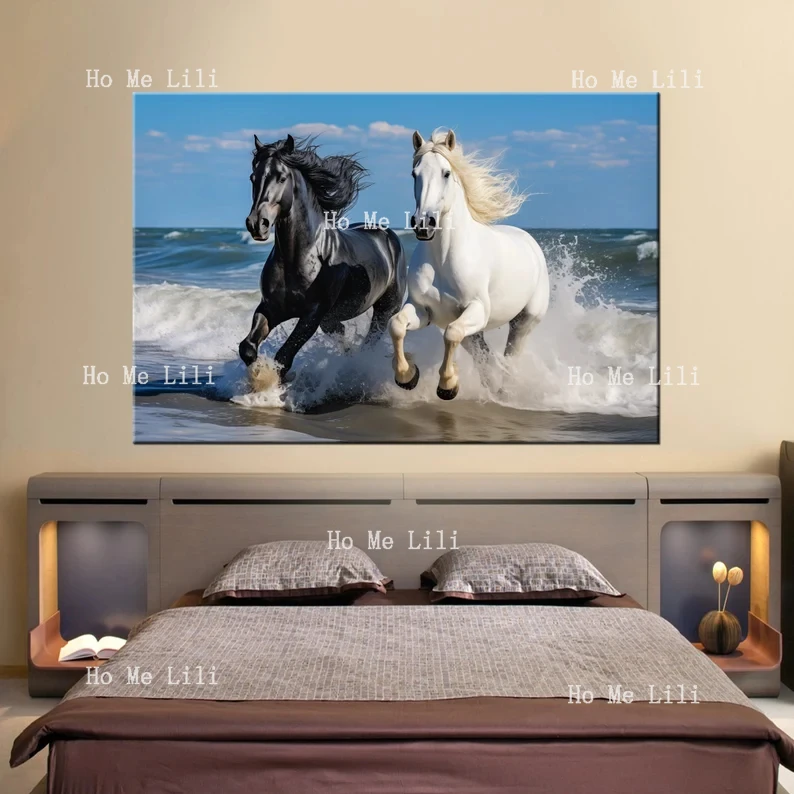 Лошадь Пара Холст Белые Черные Лошади Любов Картина Принт Животные Настенный