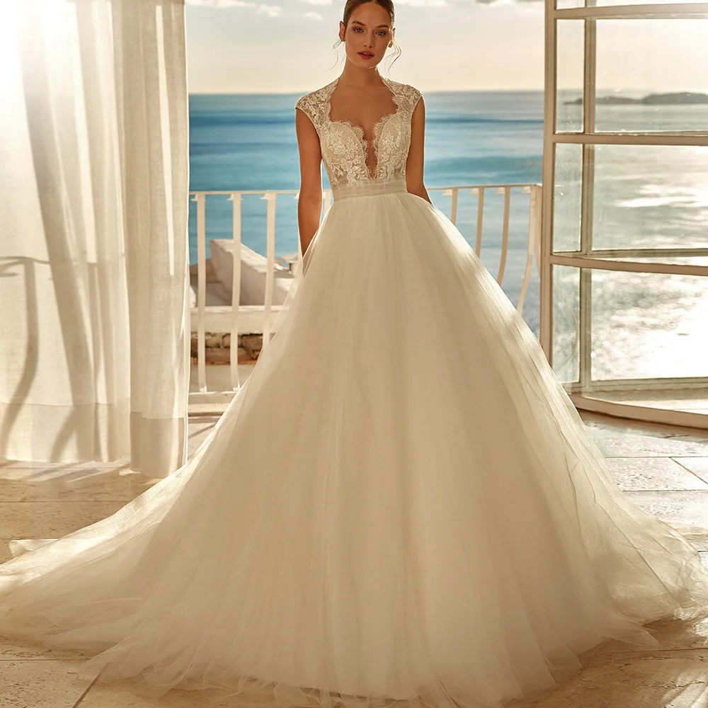 

Tulle Wedding Dress For Bride 2022 Short Sleeves Sweetheart Backless Bridal Gown Lace Applique Boho Vestido De Noiva Custom Made