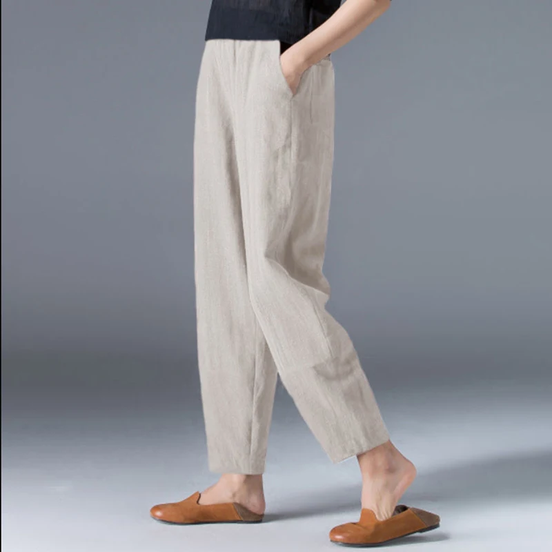 Summer Ladies Loose and Thin Anti-cotton Elastic Waist Wide Leg Pants Retro Casual Solid Color Trousers Fashion Women Clothing