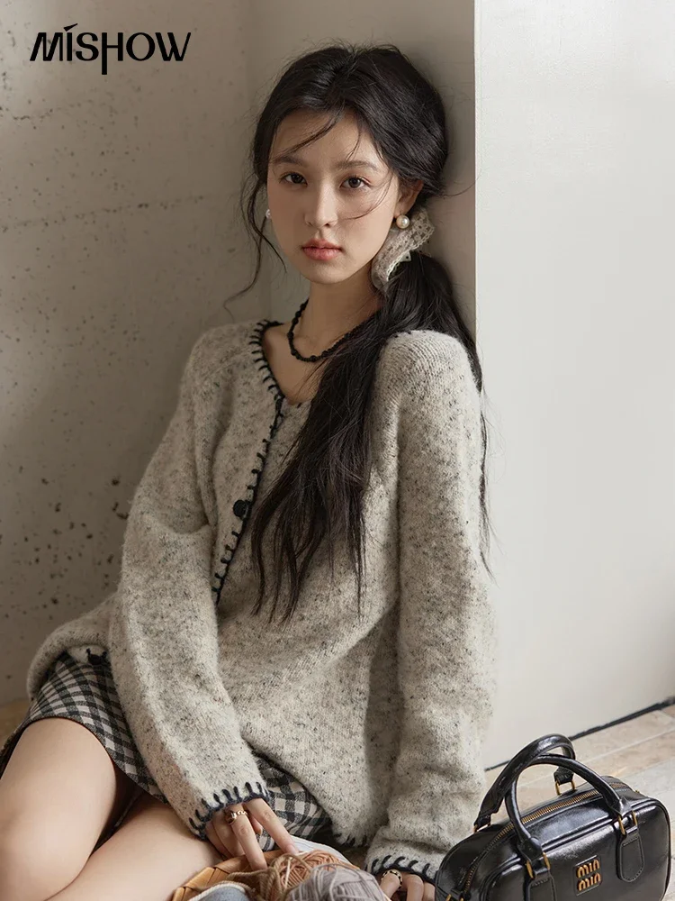 MISHOW шерстяной вязаный кардиган винтажный однобортный свитер с круглым вырезом