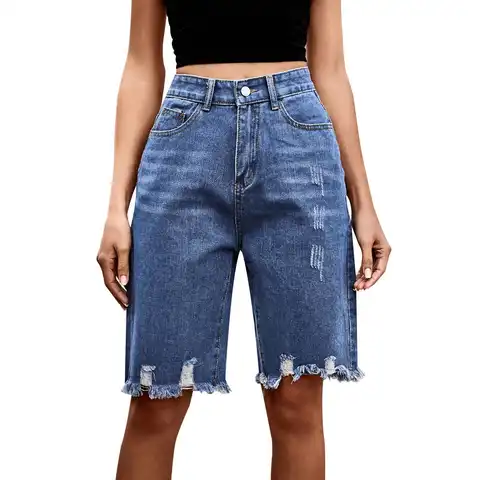 Women's Quarter Jeans Pants Edge Fringe Tassel Denim Jeans Solid Color Wide Leg Pants Loose Pockets Zipper Button Shorts Jeans