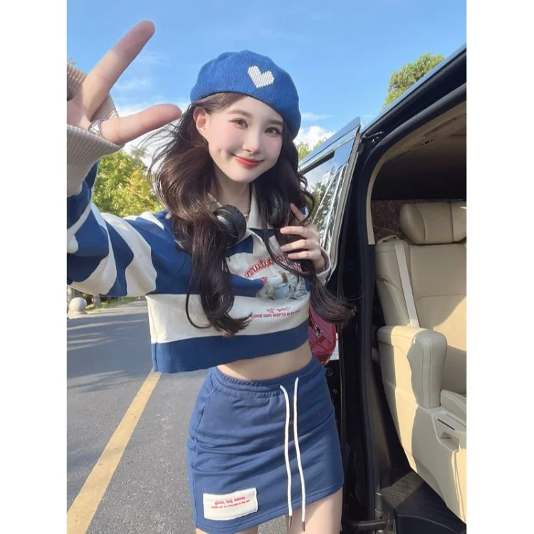 

Женский комплект из двух предметов Harajuku, милый синий топ в полоску с длинным рукавом и облегающая юбка с высокой талией, модель Y2k E-Girl на осень