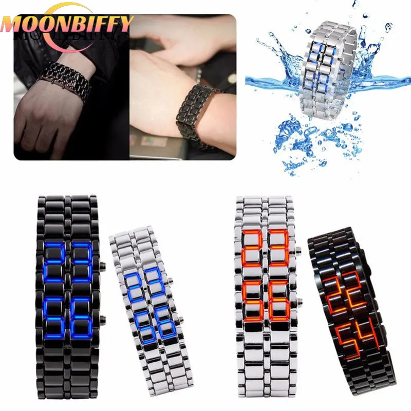 

Fashion Black Full Metal Digital Lava Wrist Watch Men Red/Blue LED Display Men's Watches Gifts for Male Boy Sport Creative Clock