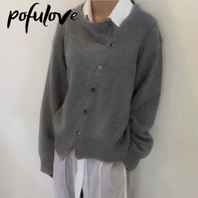

Khaki Cardigan for Women Sweater Irregular Knitted Oblique Single Breasted 2023 Spring Clothes Grey Casual Fashion New