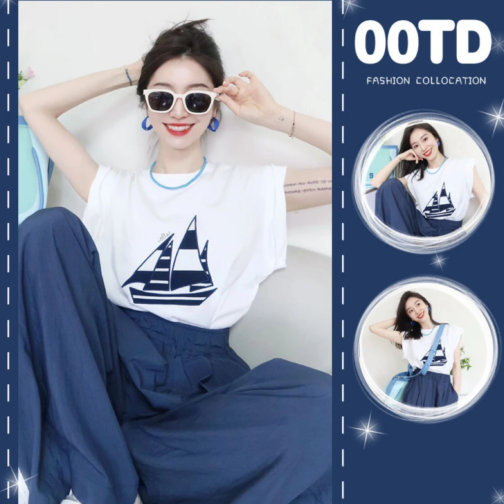 

Spring And Summer Women Slim Casual Fashion Suit Wide Leg Trousers T-shirt Two Piece Sets Elegant Office Lady Suit Set