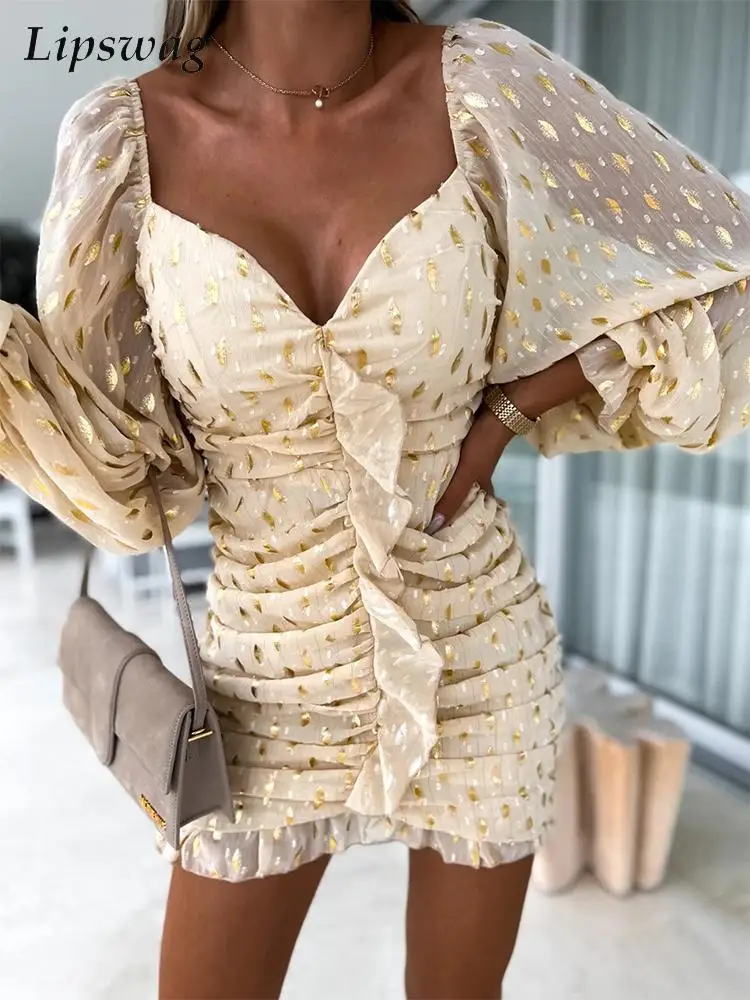 

Женское облегающее платье в горошек, элегантное платье мини с длинным рукавом и V-образным вырезом, модные облегающие праздничные платья с о...