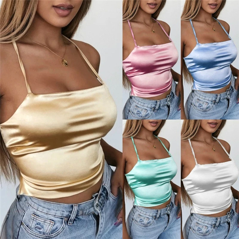 

Summer 2023 Satin Sexy Party Tops Backless Hollow Out Sleeveless Short Crop Tops Camisoles Streetwear White Lace Up Tank Tops