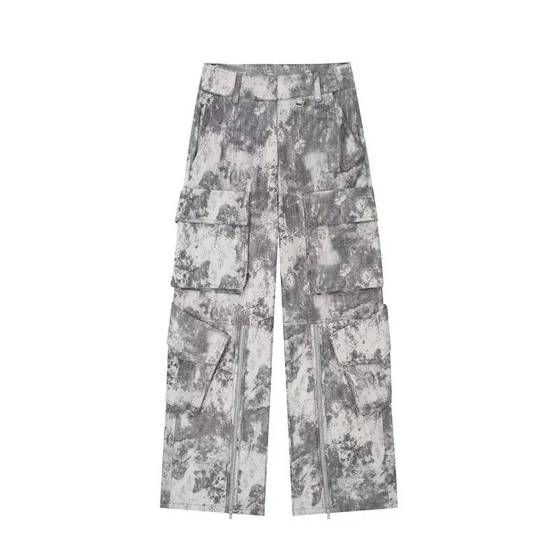 

Женские брюки с высокой талией, повседневные рабочие брюки в стиле ретро с принтом на молнии и карманами, украшенные широкими штанинами, лето 2023