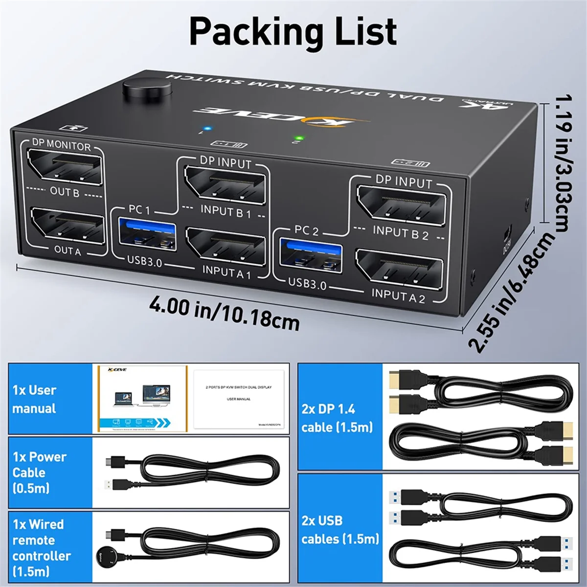 KCEVE KVM-переключатель с двойным монитором DisplayPort 4 USB3.0 для 2 компьютеров в Выход DP 1