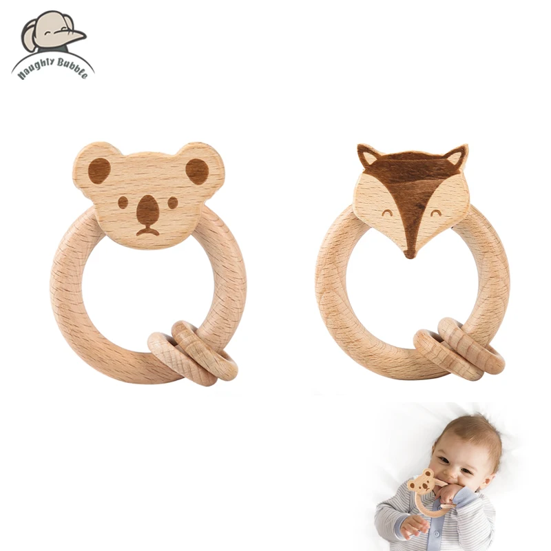 

Baby Beech Teether Ring Chew Unpainted Wooden Blocks Teething Accessories Newborn Education Bear Fox Rattle Toy for Children