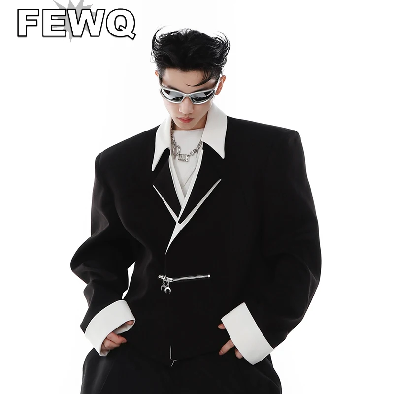 

FEWQ Niche Design Deconstruction Men's Suit Jackets Stitching Color Metal Zipper Male Blazers High Strete Autumn 2023 New 9A6807