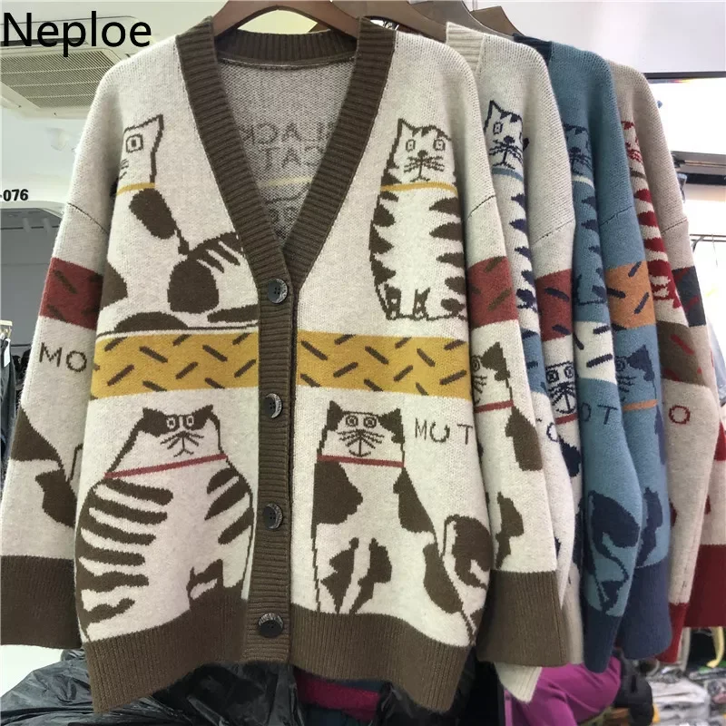 

Neploe Fall 2022 Women's Sweater Clothing Fashion Cat Animal Cardigan Woman Oversized Tops Korean Knit Sweaters Coat Pull Fe