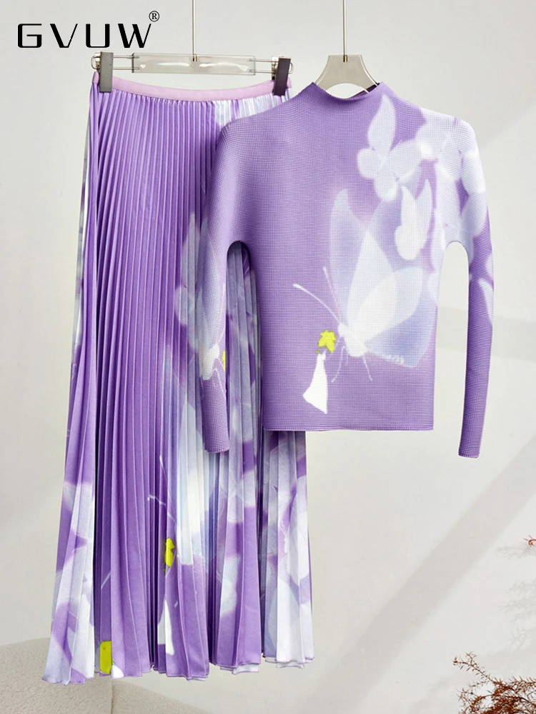 

GVUW Pleated Print Two Pieces Set For Women Mock Neck Full Sleeve Top Elegant Loose Skirt Female Autumn New 2023 Fashion 17G2260