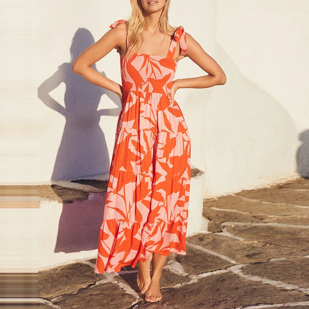

Женское платье на завязках с квадратным вырезом, летнее пляжное коктейльное платье с оборками и цветочным принтом в горошек, элегантное Бандажное платье