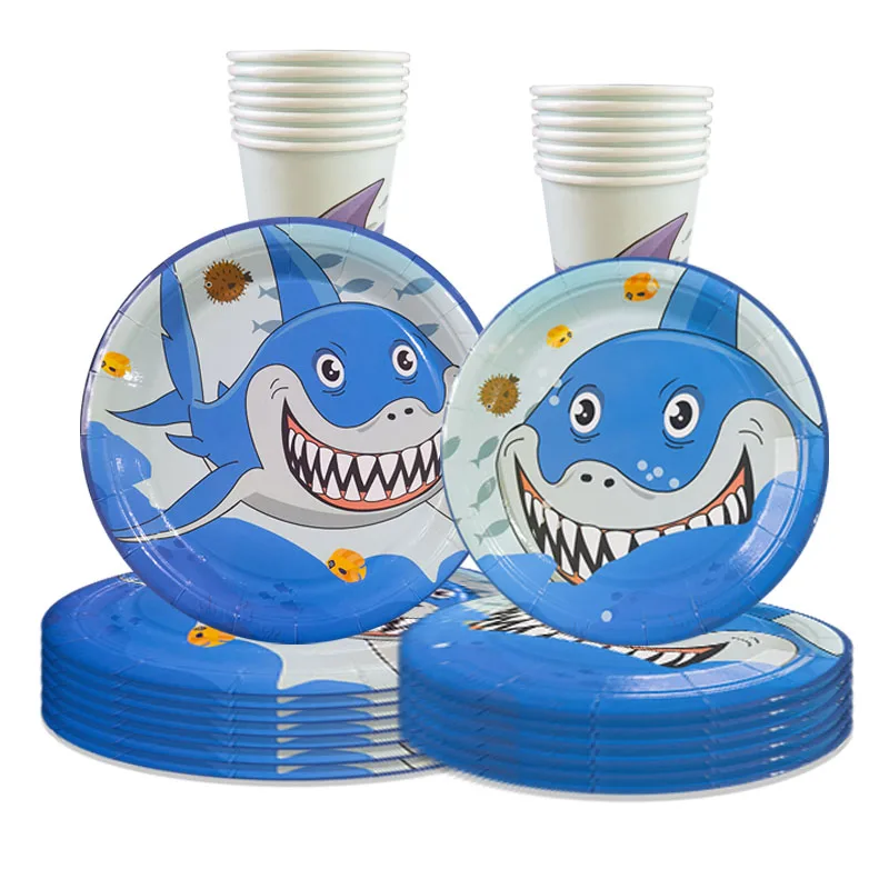 

Blue Shark Disposable Tableware Shark Plates Forks Disposable Paper Cups Napkins Under The Sea Birthday Party Decor kids favor