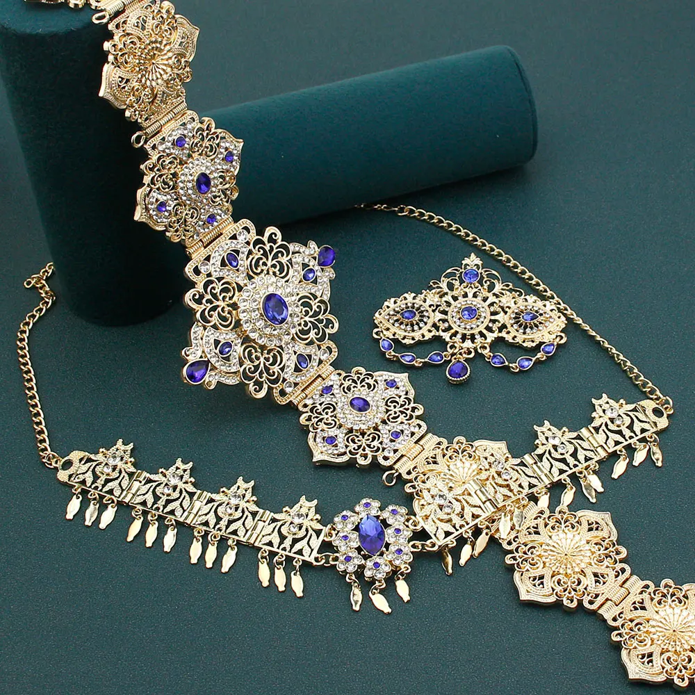 

Sunspicems Gold Color Morocco Bride Jewelry Sets Arabic Blue Crystal Caftan Waist Belt Algeria Forehead Chain Hairband Brooch