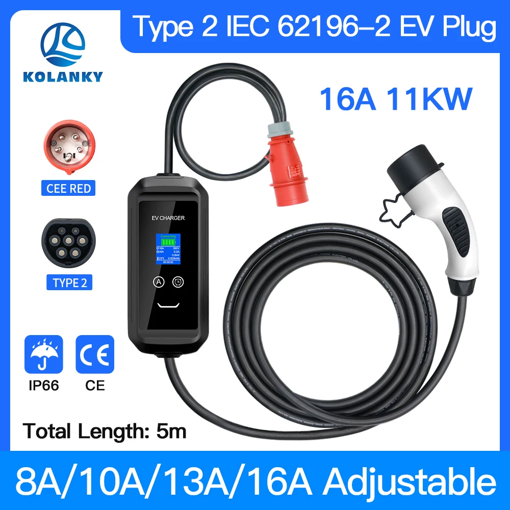 Портативное зарядное устройство KOLANKY, 16 А, 11 кВт, для электромобилей