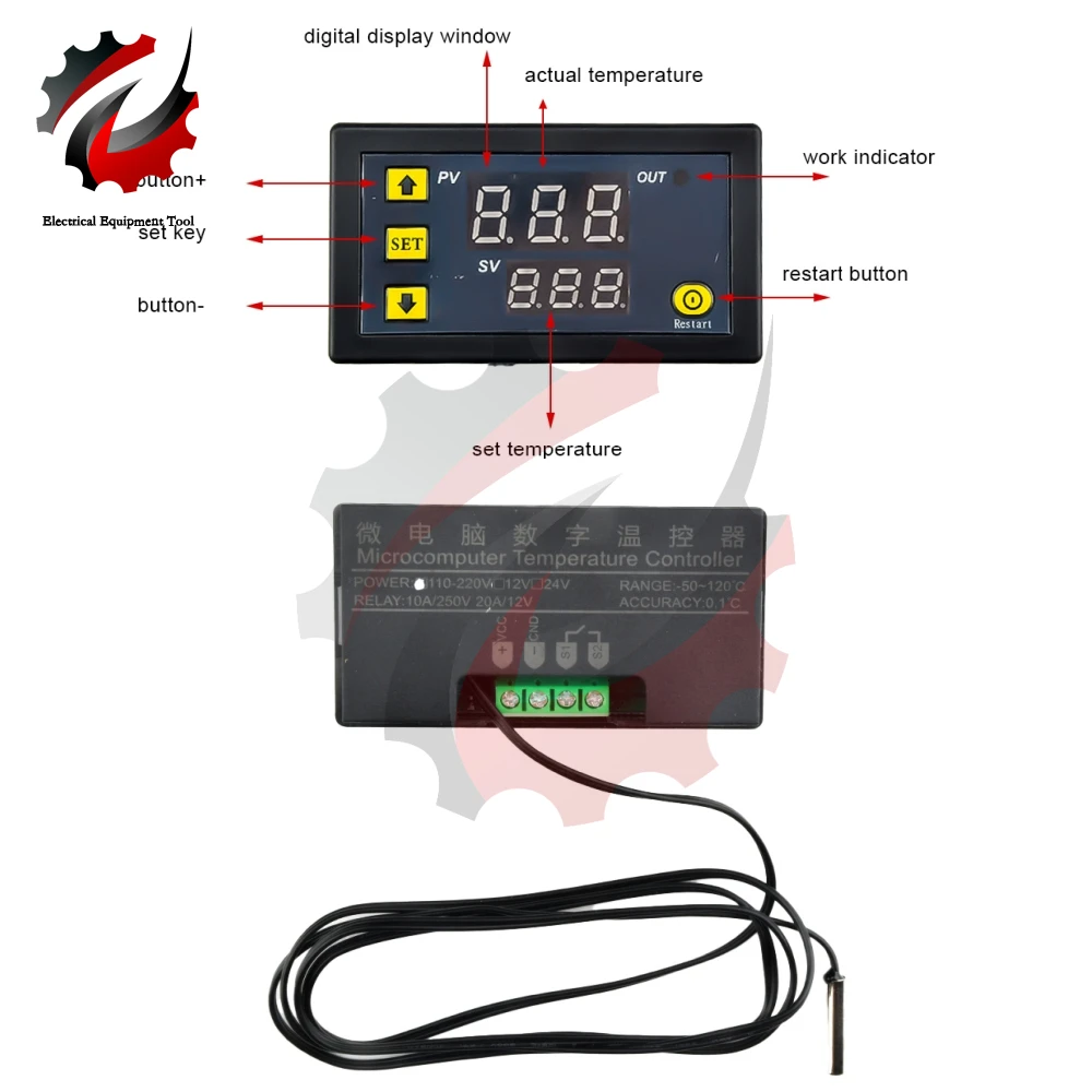 W3230 DC 12V 24V AC 110-220V Probe Line 20A LED Digital Temperature Controller Thermostat With Heat/Cooling Control Instrument