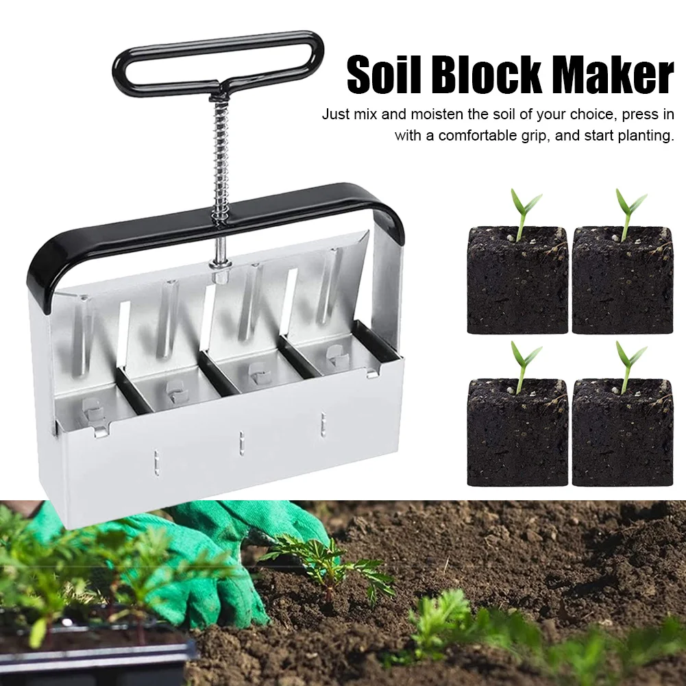 Soil Block Maker 2Inch Handheld Seedling Soil Blocker Mold 4-Cell Soil Blocking Tool with Dibber Handle Reusable Garden Tool