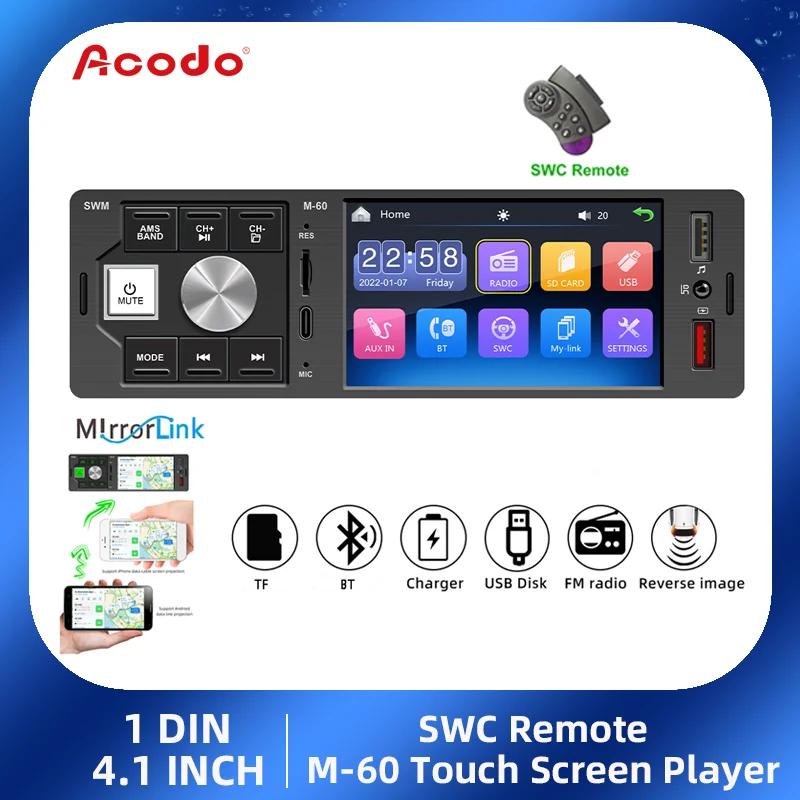 

1 Din Car Radio Mirror Link Bluetooth Handsfree 4" Touch Screen MP5 Video Player USB TF Folder Control ISO Head Unit