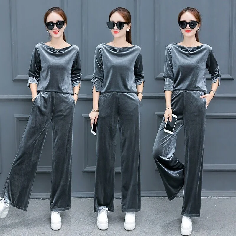 Женские золотистые бархатные спортивные костюмы верх и брюки комплект из двух