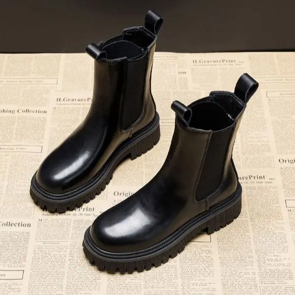 

Женские зимние ботинки, женские ботинки с круглым носком, женская обувь, клоги Челси на платформе, 2022, кожаные ботильоны в Стиле Лолита,