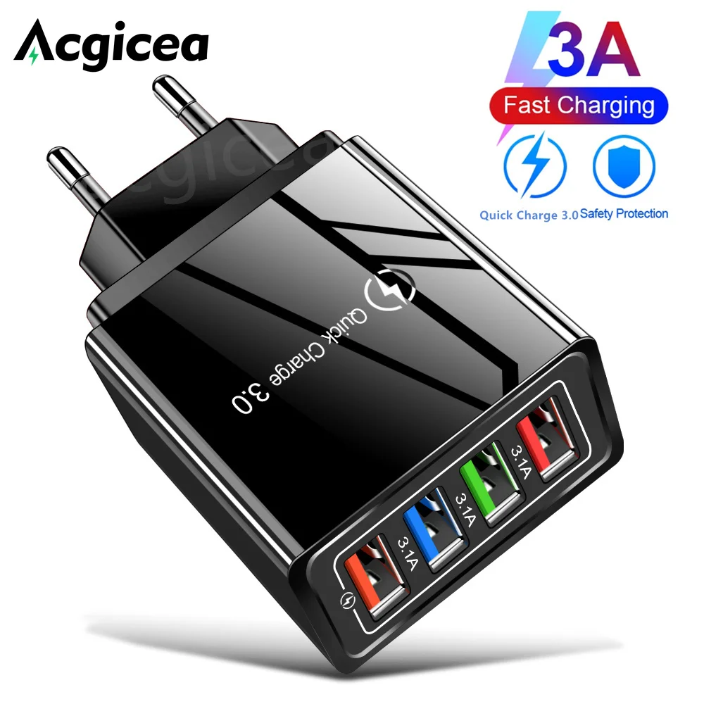 

USB Charger Quick Charge 3.0 4 Ports Phone Adapter For iPhone 12 Xiaomi Huawei Tablet Ipad Fast Charging Portable Wall Charger