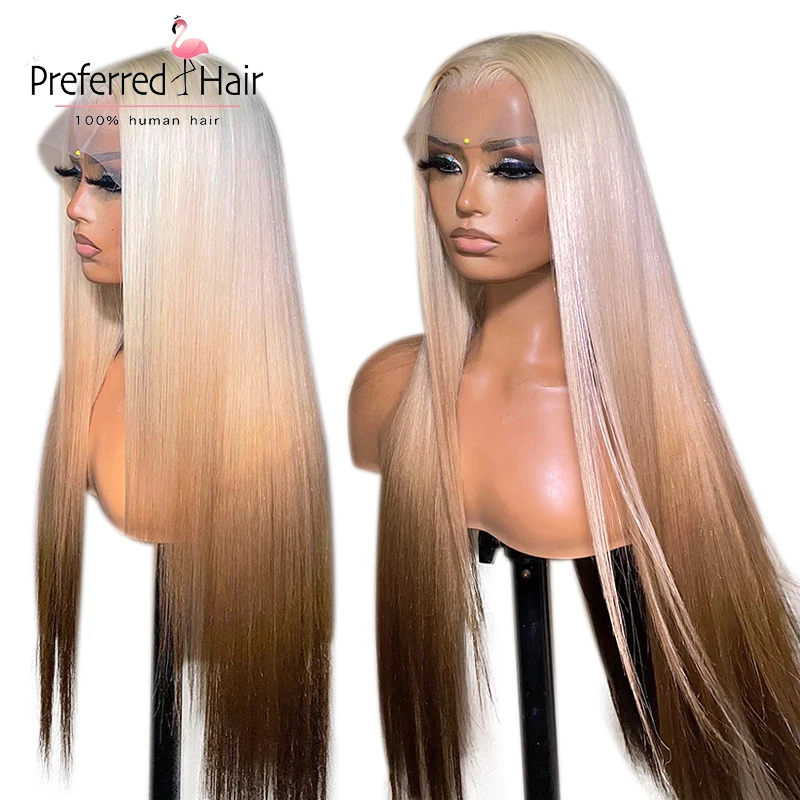 

Парик Омбре коричневый, прямой, HD, без клея, прозрачный, 13X1 4X1, женский, предварительно выщипанный, с детскими волосами, бразильский, Реми