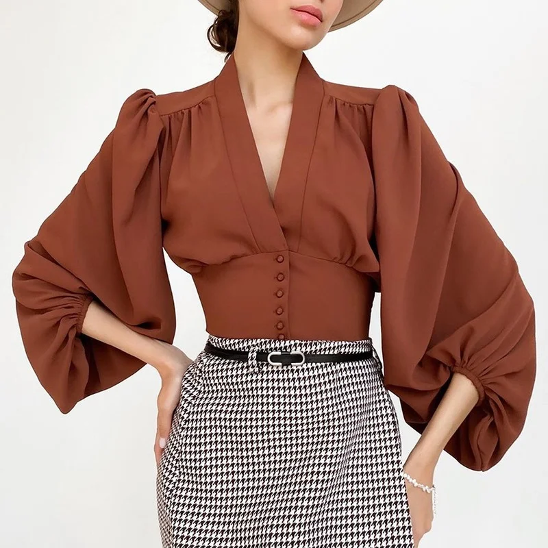 

2022 Spring New Women Shirts Long Sleeves Crop Tops French Elegant Blouses for Women T-shirts Lantern Sleeves Slim Female Blouse