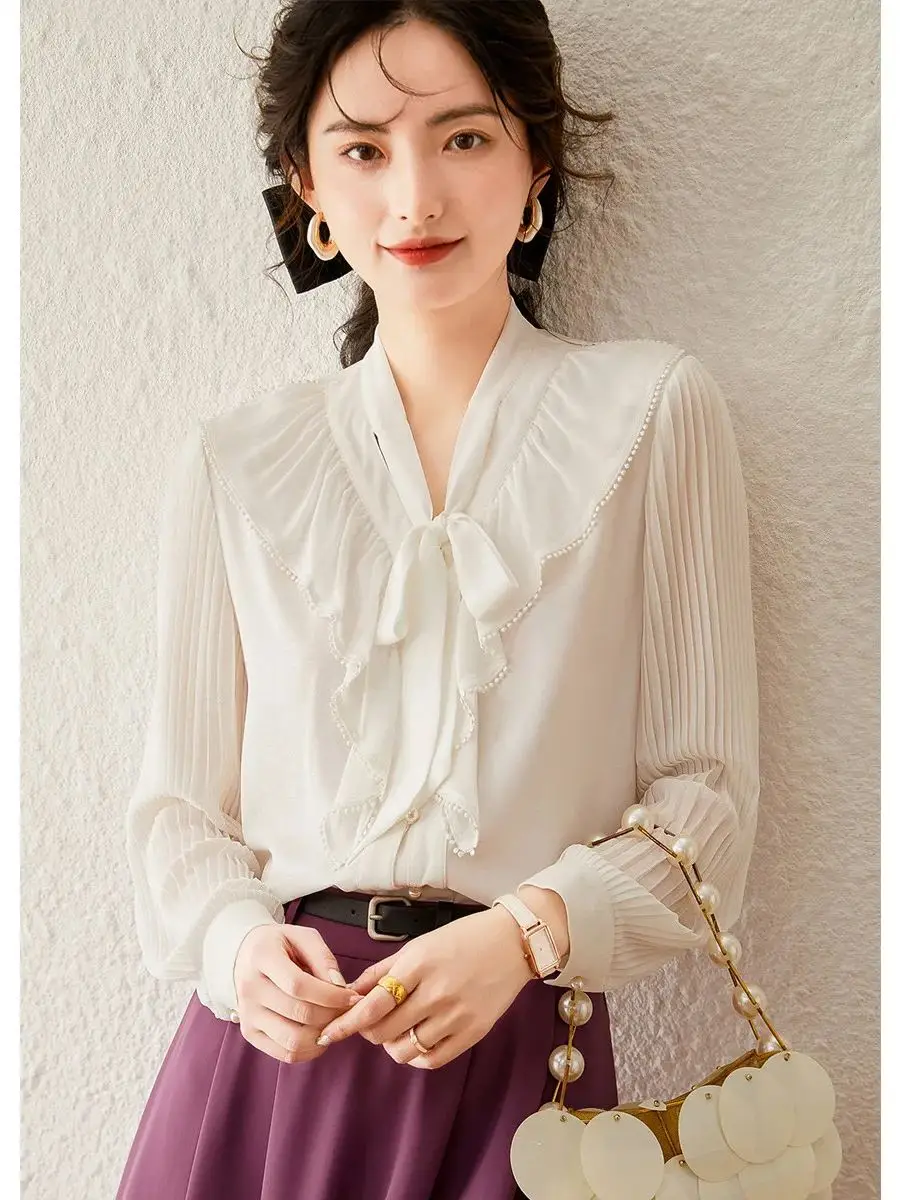 Женская рубашка LOUIS YAO осень 2023 элегантная плиссированная шифоновая кружевная с
