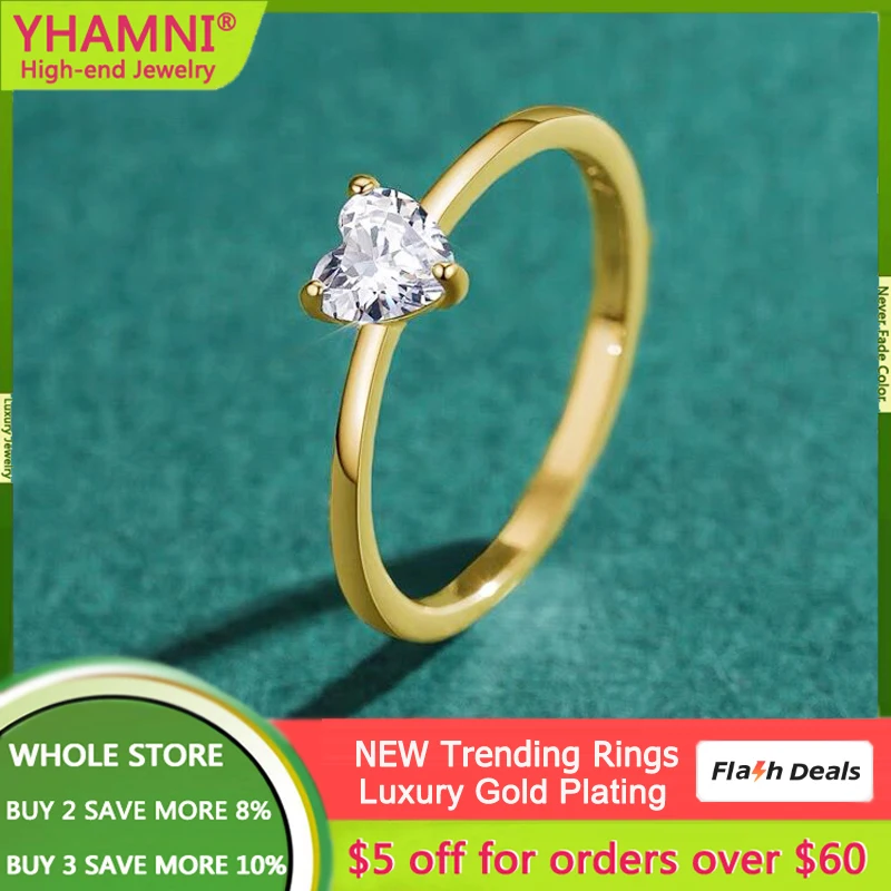 Купи Hot Trend Gold Color Heart Rings for Women Fashion Minimalist Cubic Zirconia Rings Allergy Free Jewelry Wedding Band Accessories за 210 рублей в магазине AliExpress