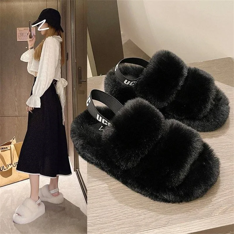 

2022 Women's Winter Soft Plush Faux Furry Slippers Floor Shoes Ladies Indoor Warm Home Open Toe Slippers Soft Home Slides