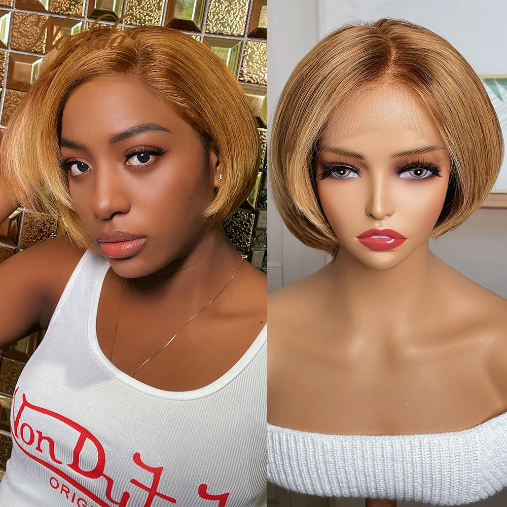 Nadula Hair Short Bob Lace Front Wig 13x4 Golden Blonde Highlights Human Hair Lace Wig Straight Hair Bob Wig With Baby Hair