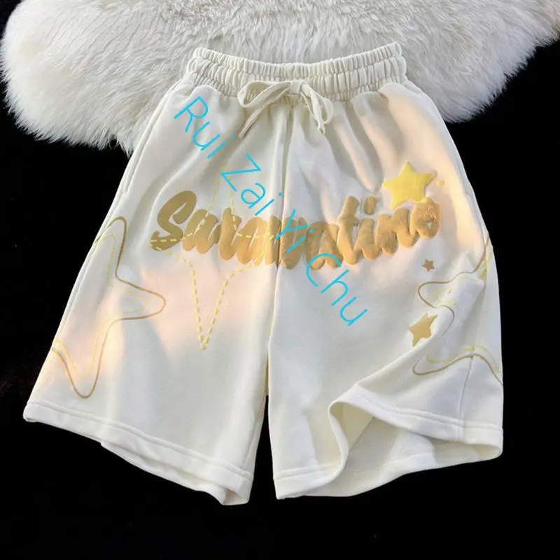 American New Bubble Print Stars Casual Summer Lovers Loose Basketball Wide-Leg Pants for Men and Women Summer Cargo Y2K Shorts