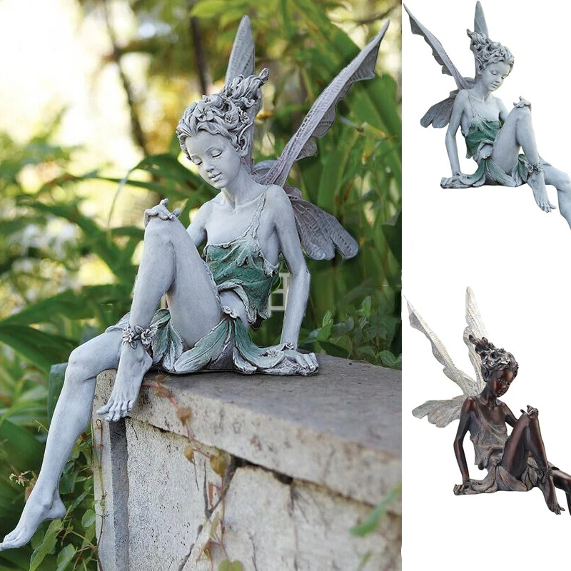 Fairy Statue Resin Handicrafts Flower Fairies Sitting in Curving Posture Garden Outdoor Garden Decoration Statue