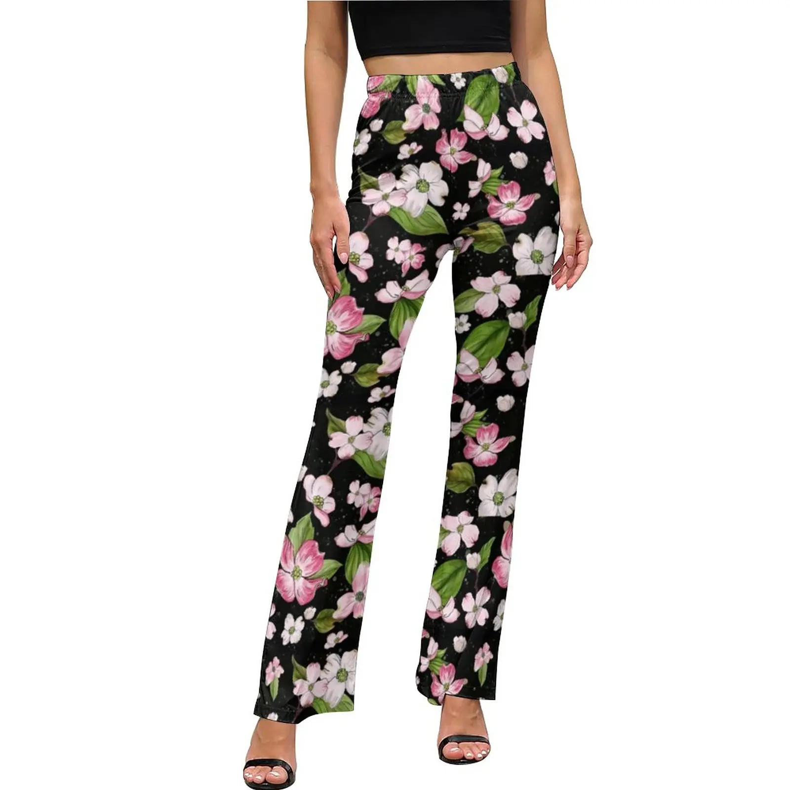 

Green Leaves Pants Elastic Waist Dogwood Flower Print Street Style Flare Pants Autumn Classic Print Oversize Trousers