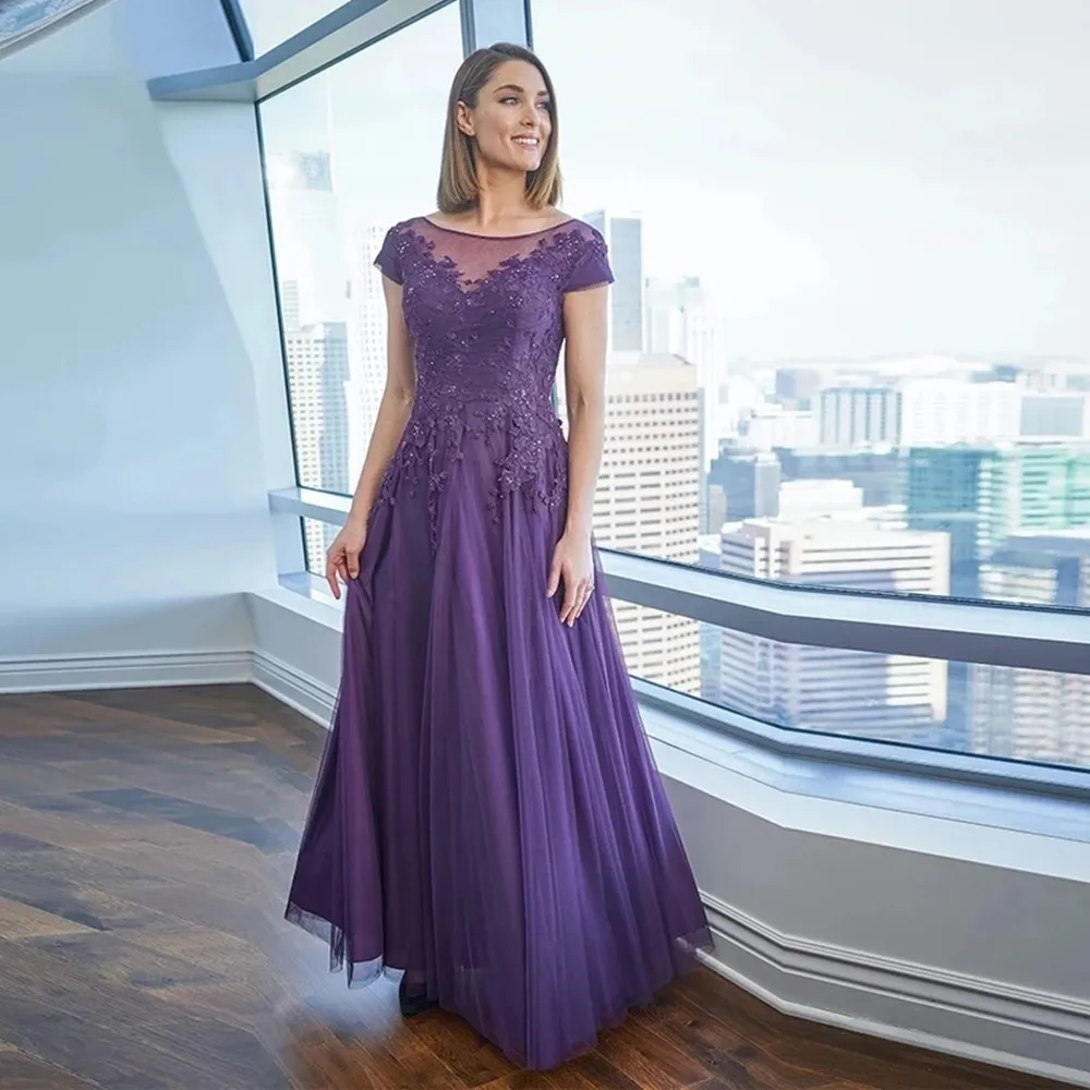 

2022 платье для матери невесты, Фиолетовое Атласное ТРАПЕЦИЕВИДНОЕ платье с рукавами-крылышками и аппликацией, свадебные платья для гостей