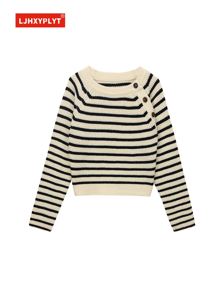 Striped Contrast Color Knitted Sweater Women's Spring New Retro Simple Style Oblique Button Design Long-sleeved Pullover Female
