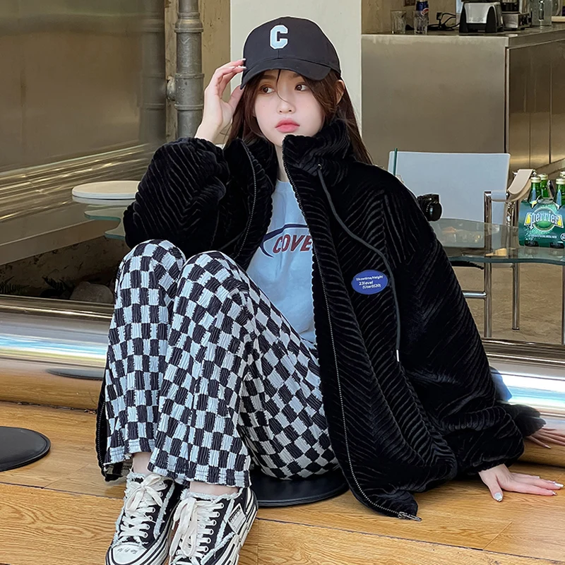 Winter women's corduroy parka women's Korean version loose plus size women's elegant stand collar Harajuku jacket couple jacket