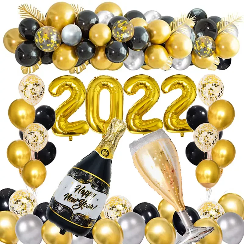 

78pcs Gold Black Latex Foil Bottle Wine Glass Balloons 2022 Happy New Year Eve Party Decorations For Home Merry Christmas Xmas
