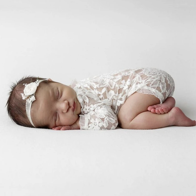 

Newborn Photo Props Costume Headdress & Lacy Romper Set 0-3M Baby Photo Clothes