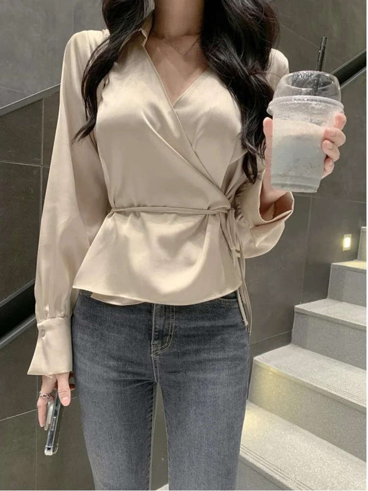 

Office New TVVOVVIN Korea Lady Sexy Buttons Shirt High Waist Long Sleeve V-Neck Shirt Top Female Fashion Blouse Sweet 3ZC7