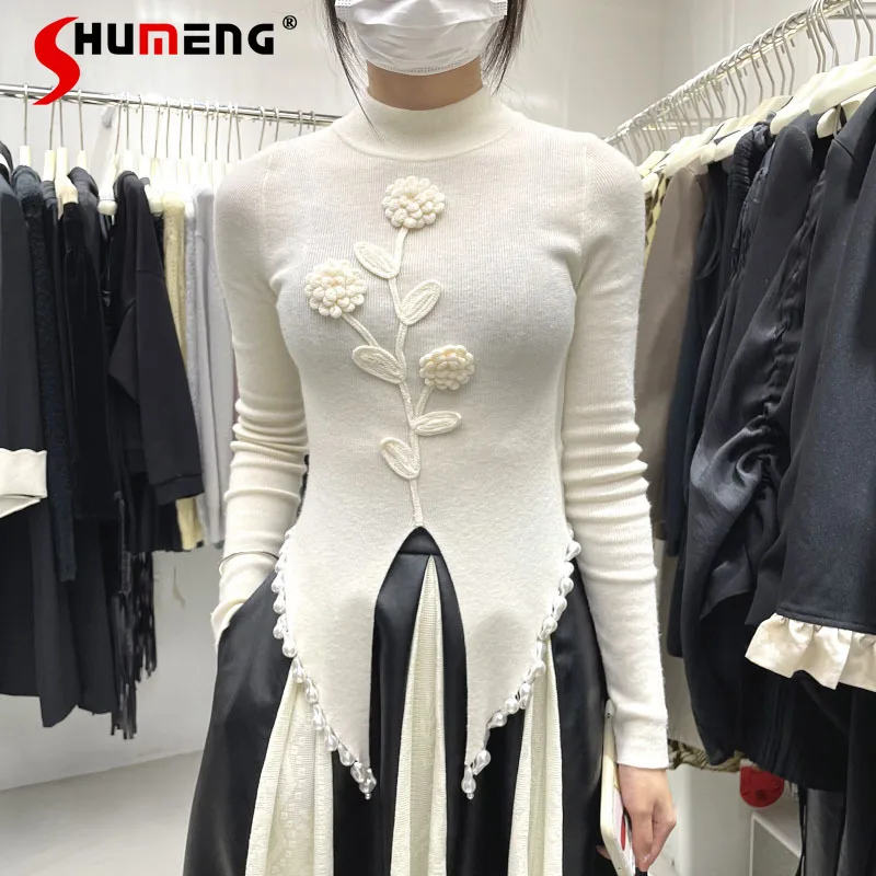 

Three-Dimensional Flower Pullover Sweater Top Women Korean Style 2022 Spring Autumn New Bottoming Sweater Beaded Slim Knitwear