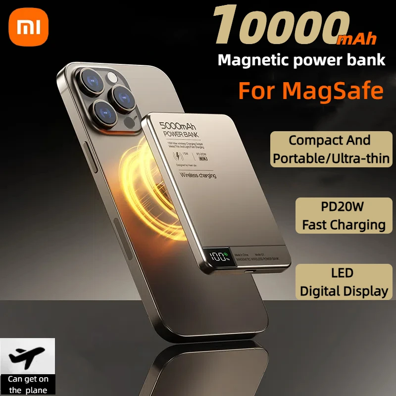 Фото Магнитный внешний аккумулятор Xiaomi, ультратонкий PD20W, беспроводная быстрая зарядка, высокая емкость, 10000 мАч, тонкий портативный внешний аккумулятор для Magsafe №1