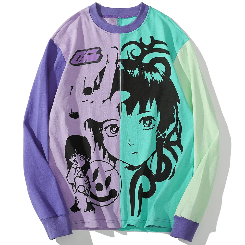

Sweatshirt Men Bright Color Block Comics Girl Print Pullover Couple Baggy Casual All-match Harajuku Fashion Streetwear