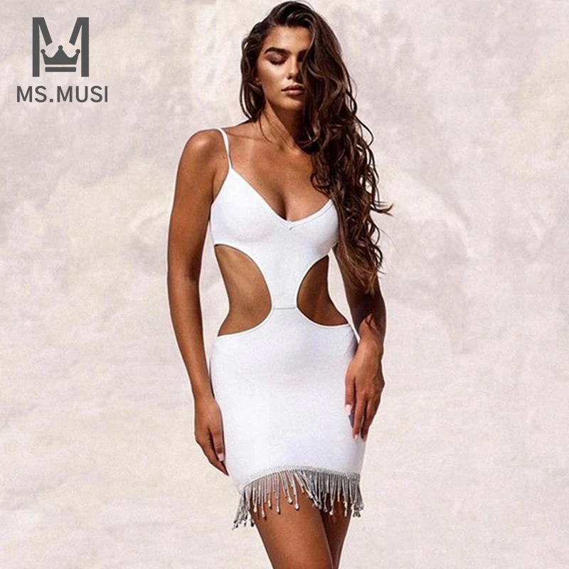 

MSMUSI 2022 New Fashion Women Sexy Strap Crystal Tassels Sleeveless Hollow Out Bodycon Backless Party Club Bandage Mini Dress