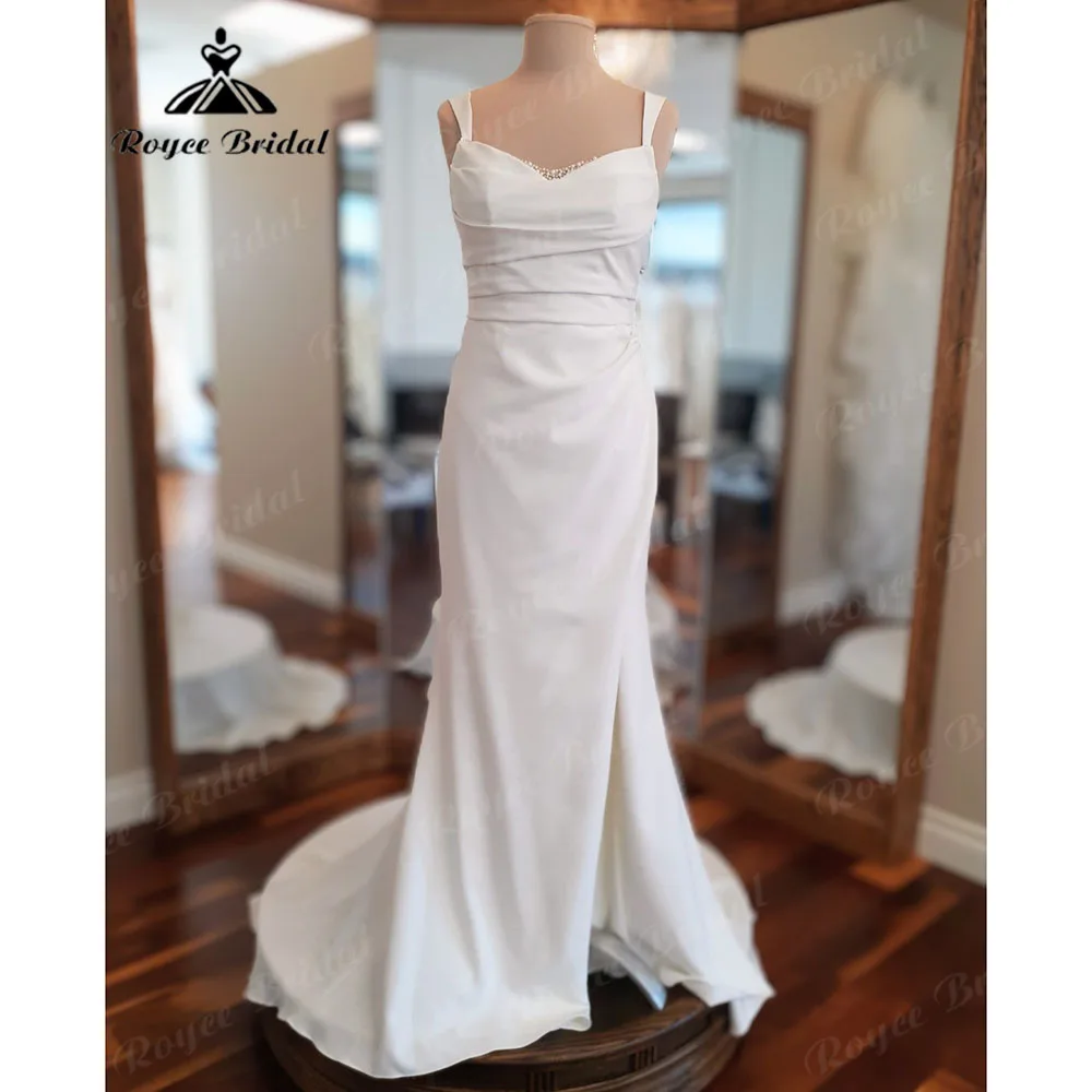 

Vintage Mermaid Boho Soft Satin Split Side Pearls Women Wedding Dress 2024 Bridal Gown Backless robe mariage femme Roycebridal